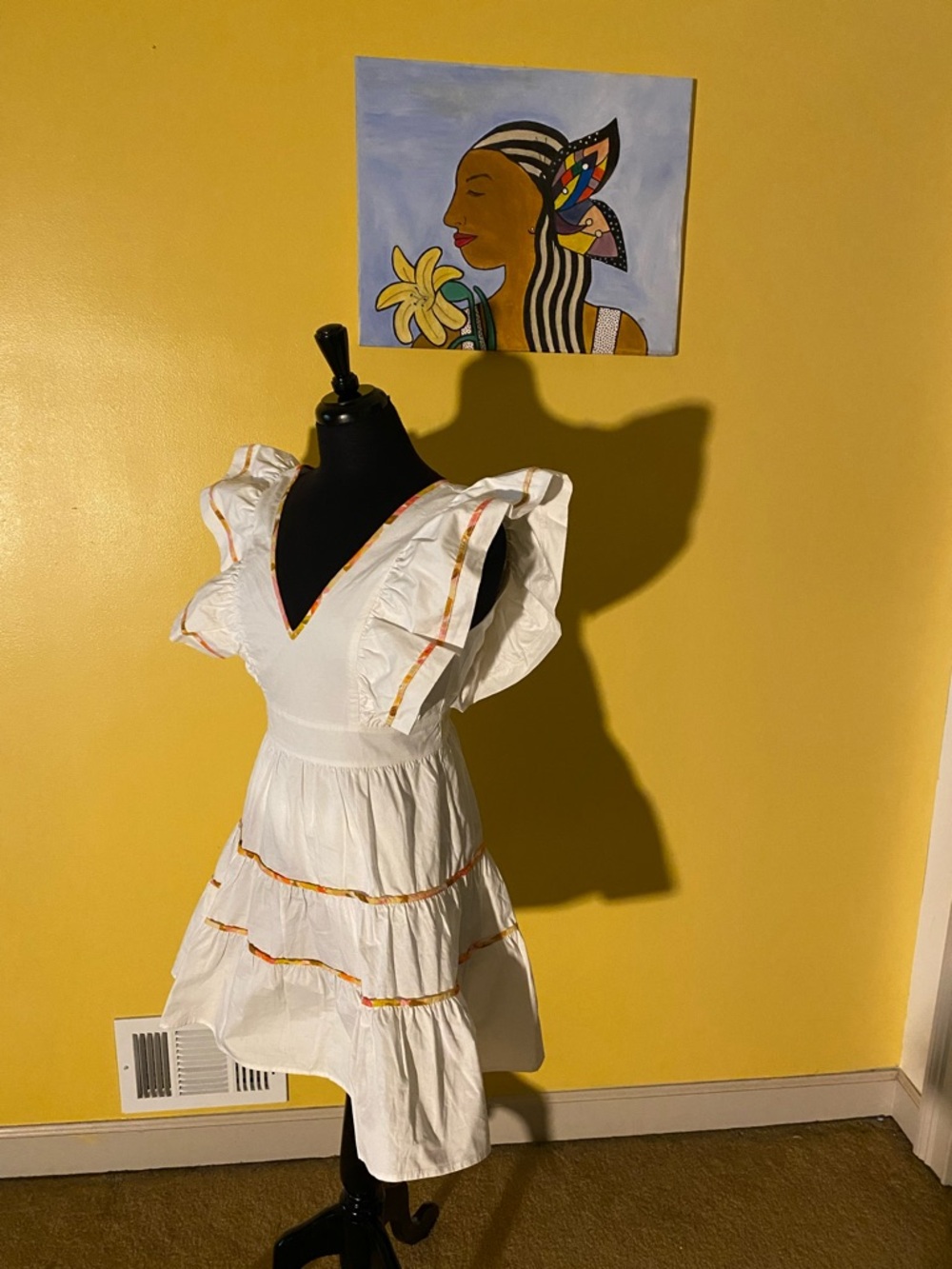 TCEC White Ruffle Midi Dress with Yellow Trim